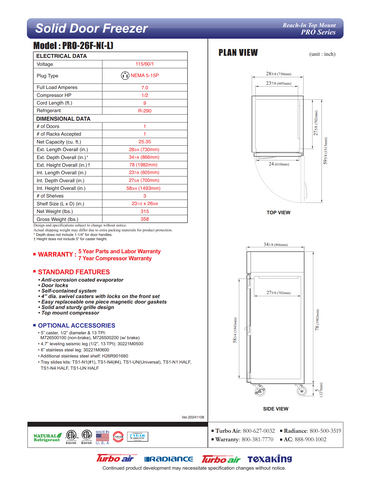 Turbo Air PRO-26F-N 28 3/4" PRO Series One Section Reach In Freezer, (1) Right Hinge Solid Door, 115v