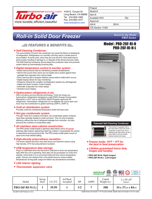 Turbo Air PRO-26F-RI-N 34" PRO Series One Section Roll In Freezer, (1) Right Hinge Solid Door, 115v