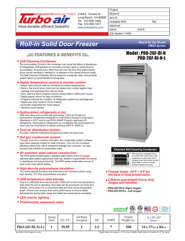 Turbo Air PRO-26F-RI-N 34" PRO Series One Section Roll In Freezer, (1) Right Hinge Solid Door, 115v