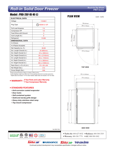 Turbo Air PRO-26F-RI-N 34" PRO Series One Section Roll In Freezer, (1) Right Hinge Solid Door, 115v