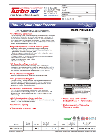 Turbo Air PRO-50F-RI-N 66 7/8" PRO Series Two Section Roll In Freezer, (2) Left/Right Hinge Solid Doors, 115v