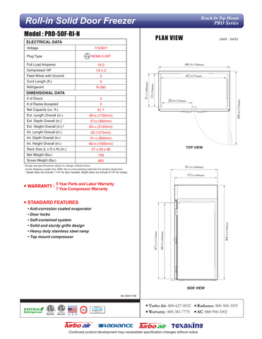 Turbo Air PRO-50F-RI-N 66 7/8" PRO Series Two Section Roll In Freezer, (2) Left/Right Hinge Solid Doors, 115v