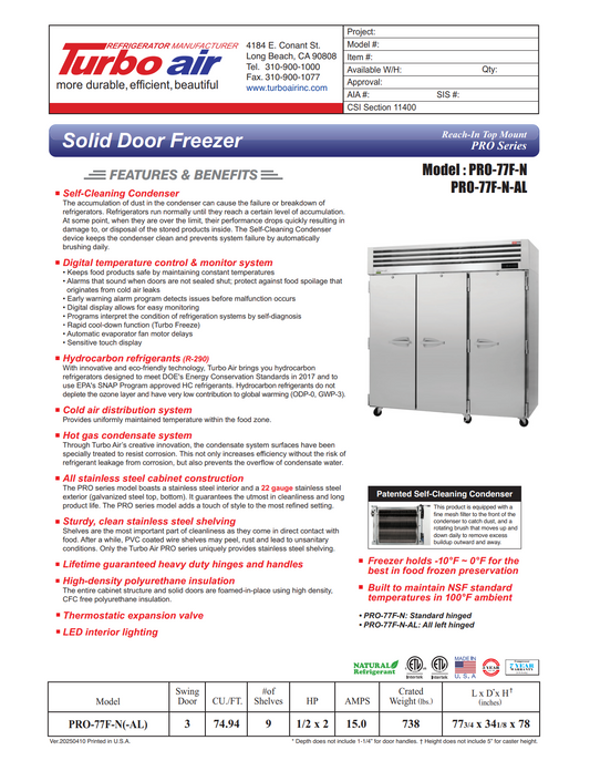 Turbo Air PRO-77F-N 77 3/4" PRO Series Three Section Reach In Freezer, (3) Left/Right Hinge Solid Doors, 115v