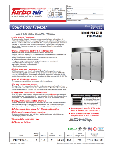 Turbo Air PRO-77F-N 77 3/4" PRO Series Three Section Reach In Freezer, (3) Left/Right Hinge Solid Doors, 115v