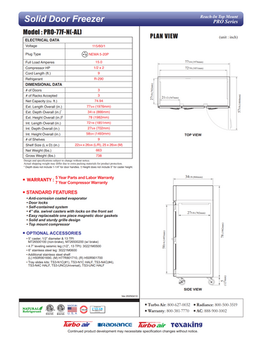 Turbo Air PRO-77F-N 77 3/4" PRO Series Three Section Reach In Freezer, (3) Left/Right Hinge Solid Doors, 115v