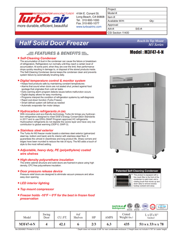 Turbo Air M3F47-4-N 51 7/8" M3 Series Two Section Reach In Freezer, (4) Left/Right Hinge Solid Doors, 115v