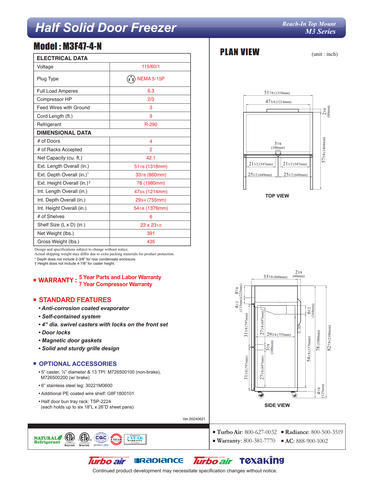 Turbo Air M3F47-4-N 51 7/8" M3 Series Two Section Reach In Freezer, (4) Left/Right Hinge Solid Doors, 115v