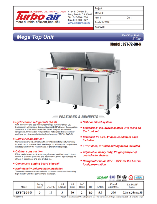 Turbo Air EST-72-30-N E-line 72 5/8" 3 Door Mega Top Refrigerated Salad Prep