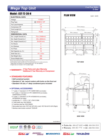Turbo Air EST-72-30-N E-line 72 5/8" 3 Door Mega Top Refrigerated Salad Prep