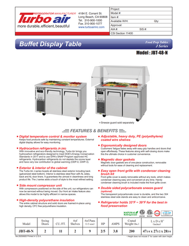 Turbo Air JBT-48-N 47" J Series Refrigerated Buffet Table, (2) Section, (9) Pan, 11.0 cu. ft.
