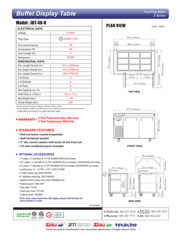 Turbo Air JBT-48-N 47" J Series Refrigerated Buffet Table, (2) Section, (9) Pan, 11.0 cu. ft.