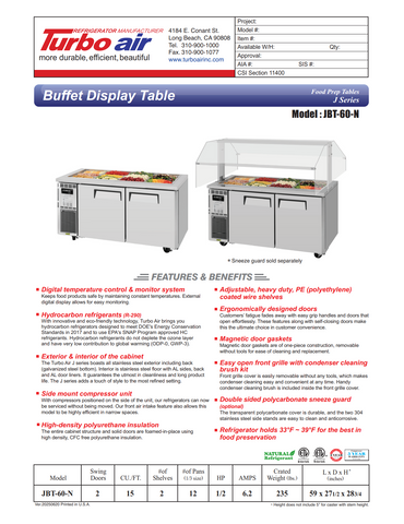 Turbo Air JBT-60-N 59" J Series Refrigerated Buffet Table, (2) Section, (12) Pan, 15.0 cu. ft.
