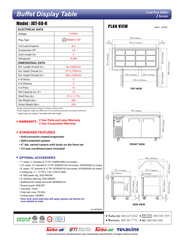 Turbo Air JBT-60-N 59" J Series Refrigerated Buffet Table, (2) Section, (12) Pan, 15.0 cu. ft.