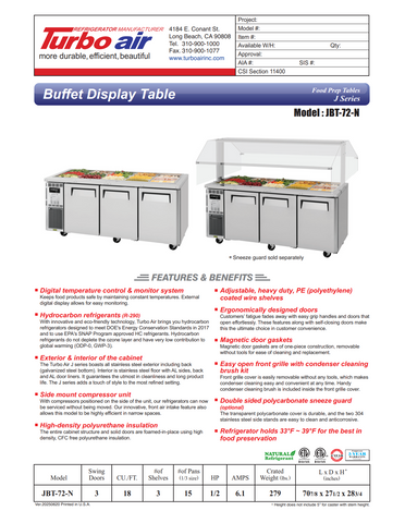 Turbo Air JBT-72-N 70" J Series Refrigerated Buffet Table, (3) Section, (15) Pan, 18.0 cu. ft.