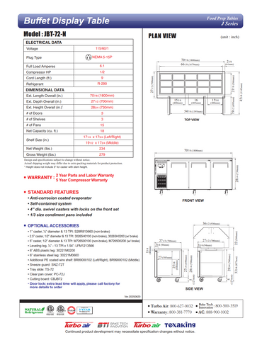 Turbo Air JBT-72-N 70" J Series Refrigerated Buffet Table, (3) Section, (15) Pan, 18.0 cu. ft.