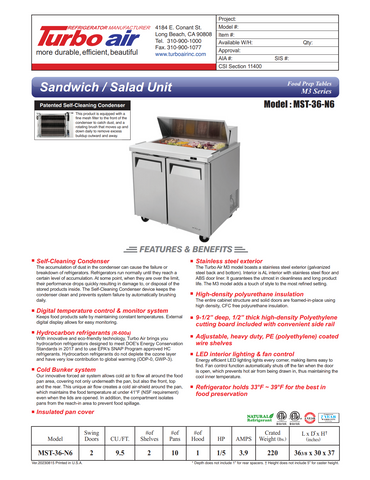 Turbo Air MST-36 Sandwich/Salad Prep Table with 2 Doors, 36-1/4"W, 10 Pans