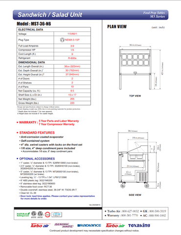 Turbo Air MST-36 Sandwich/Salad Prep Table with 2 Doors, 36-1/4"W, 10 Pans