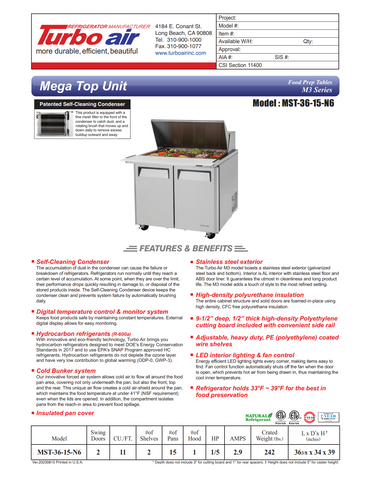 Turbo Air MST-36-15 Mega Top Sandwich/Salad Prep Table, 36-3/8"W, 15 Pans