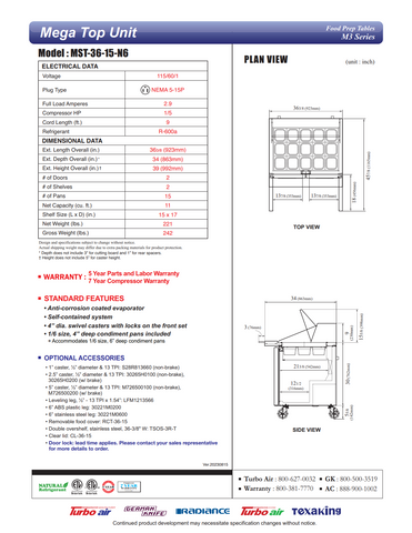 Turbo Air MST-36-15 Mega Top Sandwich/Salad Prep Table, 36-3/8"W, 15 Pans