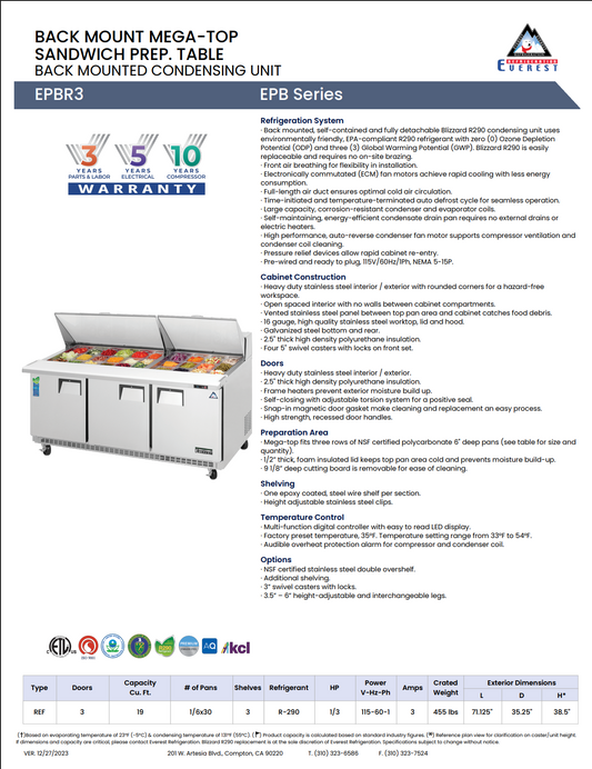 Everest Refrigeration EPBR3 71 1/8" EPB Series Mega Top Sandwich/Salad Prep Table w/ Refrigerated Base, 115v