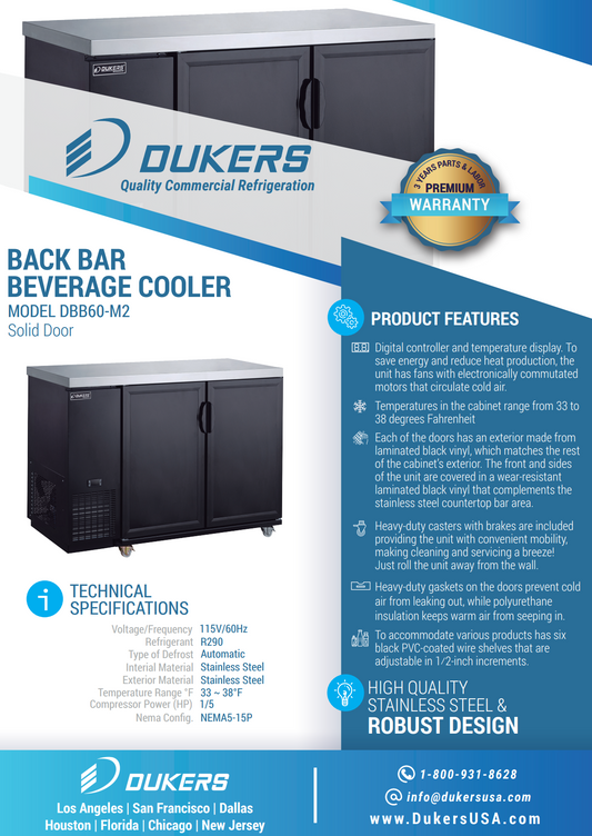 Dukers DBB60-M2 57 Inch Refrigerated Back Bar Cooler with Lockable Doors Stainless Steel