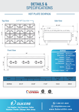 Dukers DCHPA36 Hot Plate with 6 Burners