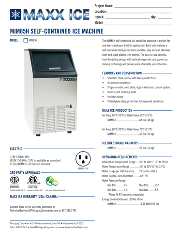 Maxx Ice MIM85H 16 7/10"W Half Cube Undercounter Ice Machine - 88 lbs/day, Air Cooled, Gravity Drain, 120v