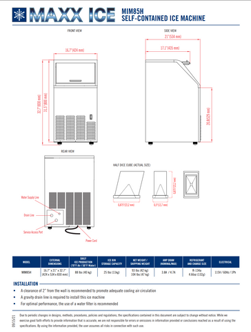 Maxx Ice MIM85H 16 7/10"W Half Cube Undercounter Ice Machine - 88 lbs/day, Air Cooled, Gravity Drain, 120v