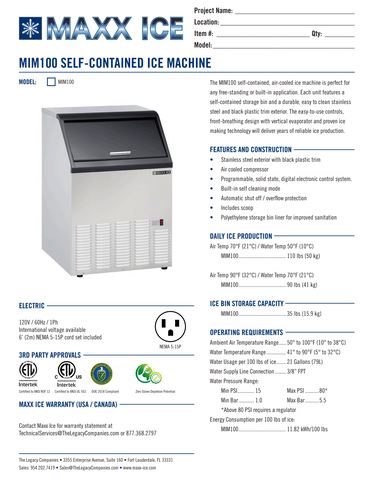 Maxx Ice MIM100 22"W Bullet Cube Undercounter Ice Machine - 110 lbs/day, Air Cooled