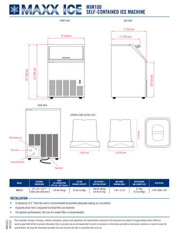 Maxx Ice MIM100 22"W Bullet Cube Undercounter Ice Machine - 110 lbs/day, Air Cooled