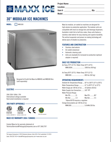 Maxx Ice Modular Ice Machine, 30"W, 1000 lbs Capacity, and Storage Bin, 30"W, 400 lbs Ice Storage Capacity, in Stainless Steel (MIM1000B)
