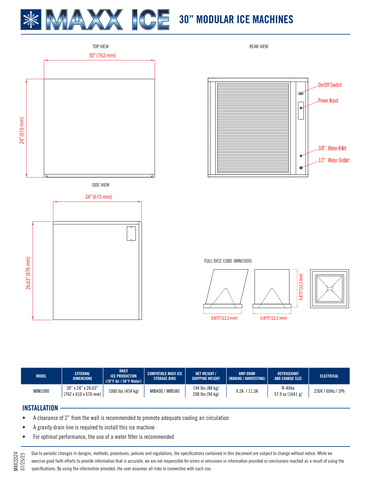 Maxx Ice Modular Ice Machine, 30"W, 1000 lbs Capacity, and Storage Bin, 30"W, 400 lbs Ice Storage Capacity, in Stainless Steel (MIM1000B)