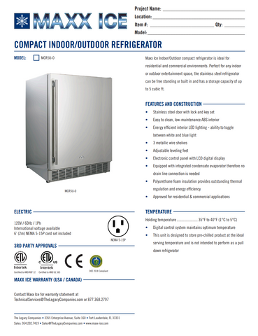 Maxx Ice Compact Outdoor Refrigerator, 23.6"W, 5.2 cu. ft. Capacity, in Stainless Steel (MCR5U-OHC)