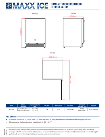 Maxx Ice Compact Outdoor Refrigerator, 23.6"W, 5.2 cu. ft. Capacity, in Stainless Steel (MCR5U-OHC)