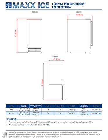 Maxx Ice Compact Outdoor Refrigerator, 15"W, 3 cu. ft. Capacity, in Stainless Steel (MCR3U-OHC)
