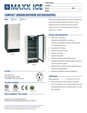 Maxx Ice Compact Indoor Refrigerator, 15"W, 3 cu. ft. Capacity, in Stainless Steel (MCR3UHC)