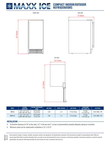 Maxx Ice Compact Indoor Refrigerator, 15"W, 3 cu. ft. Capacity, in Stainless Steel (MCR3UHC)