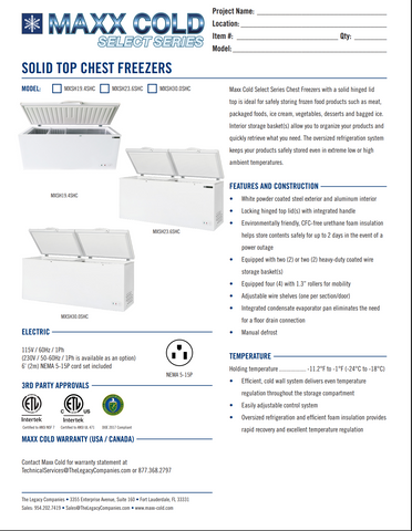 Maxx Cold MXSH30.0SHC 76" EXTRA LARGE Select Series Solid Chest Freezer, 30 cu. ft.