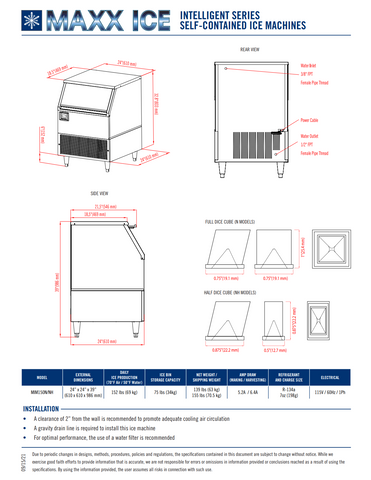 Maxx Ice MIM150NH 24" Air Cooled Half Cube 152 lb Undercounter Ice Machine with 75 lb Bin SKU MAX-MIM150NH