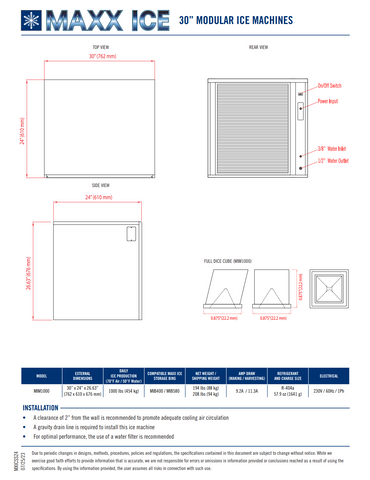 MIM1000 Maxx Ice 1000 lb Modular Ice Machine, 30” Wide, Full Dice