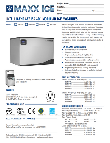 Maxx Ice MIM500N Intelligent Series Modular Ice Machine, 30"W, 521 lbs, Energy Star, in Stainless Steel
