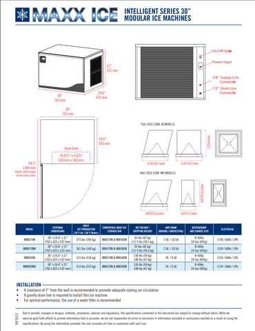 Maxx Ice MIM500N Intelligent Series Modular Ice Machine, 30"W, 521 lbs, Energy Star, in Stainless Steel