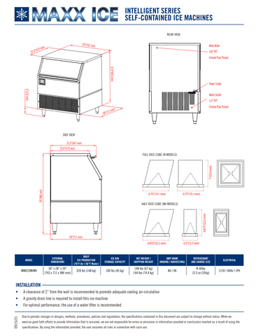 Maxx Ice MIM320N 30" Full-Size Cube Ice Maker With Bin w/ 328 lbs/Day Production, Air-Cooled