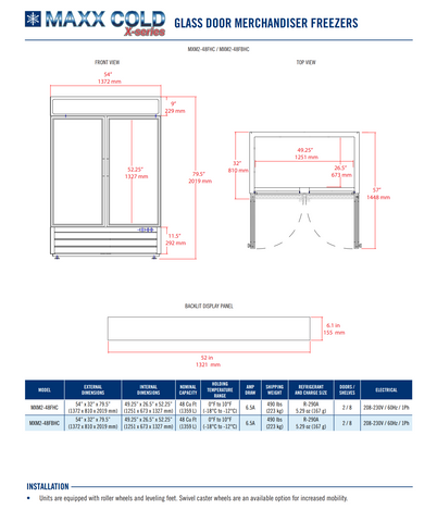 MXM2-48FHC Maxx Cold Double Glass Door Merchandiser Freezer, Swing Door, 48 cu. ft., Storage Capacity, in White