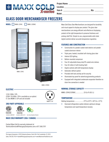 MXM1-23FBHC Maxx Cold Single Door, Glass Door Freezer Merchandiser, Black, 23 Cu ft