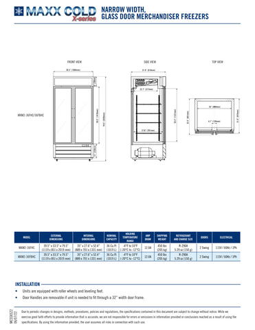 Maxx Cold MXM2-36FHC Double Glass Door Narrow Width Merchandiser Freezer, Swing Style Door, 36 cu. ft., White