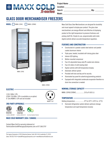 Maxx Cold MXM1-23FHC Single Glass Door Merchandiser Freezer, 23 cu. ft. Storage Capacity, in White
