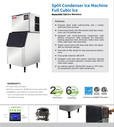 SK-729 Westlake 700 lb. Air Cooled Cube Ice Maker with Bin 440 lb.