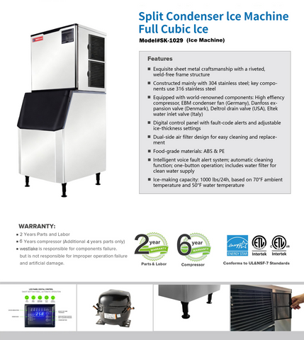 SK-1029 Westlake 1000 lb. Air Cooled Cube Ice Maker with Bin 440 lb.