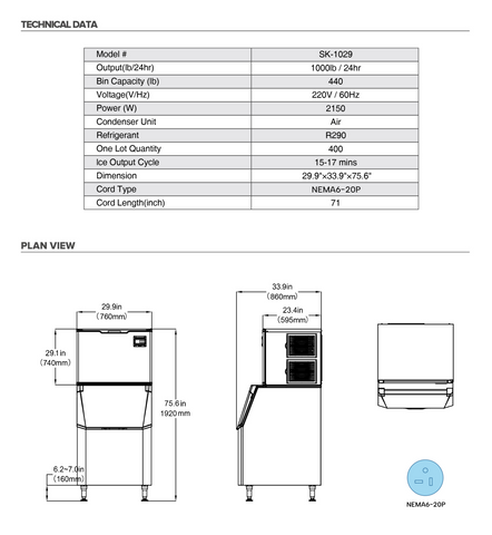 SK-1029 Westlake 1000 lb. Air Cooled Cube Ice Maker with Bin 440 lb.